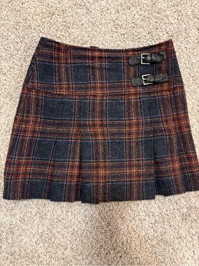 Bogner Lambswool Plaid Mini Skirt in XS, with Leather Buckles.